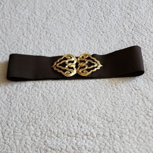 Dark Chocolate Brown Belt with Gold Tone Buckle elastic waist clasp closure